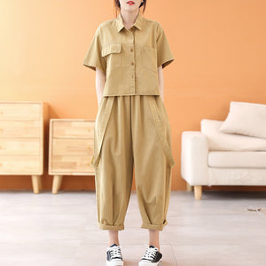 Bộ đồ denim gồm áo sơ mi ngắn tay cổ đức và quần baggy kiểu dây đeo - NU8887