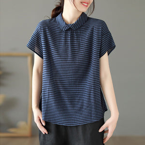Áo sơ mi linen ngắn tay cổ pipi khuy cài sau kẻ caro - NU8888