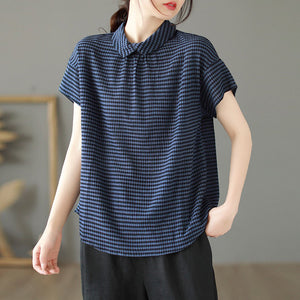 Áo sơ mi linen ngắn tay cổ pipi khuy cài sau kẻ caro - NU8888