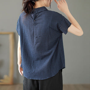 Áo sơ mi linen ngắn tay cổ pipi khuy cài sau kẻ caro - NU8888