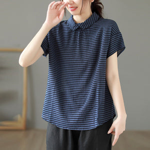 Áo sơ mi linen ngắn tay cổ pipi khuy cài sau kẻ caro - NU8888
