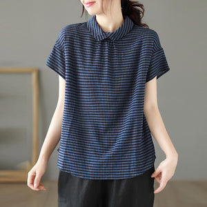 Áo sơ mi linen ngắn tay cổ pipi khuy cài sau kẻ caro - NU8888