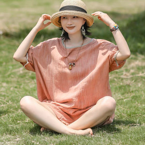 Bộ đồ linen gồm áo T-shirt ngắn tay cổ tròn và quần sooc hai túi - NU8889