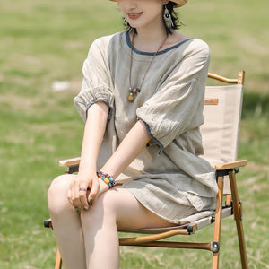 Bộ đồ linen gồm áo T-shirt ngắn tay cổ tròn và quần sooc hai túi - NU8889
