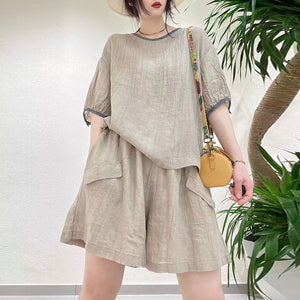 Bộ đồ linen gồm áo T-shirt ngắn tay cổ tròn và quần sooc hai túi - NU8889