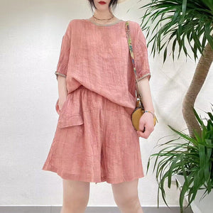 Bộ đồ linen gồm áo T-shirt ngắn tay cổ tròn và quần sooc hai túi - NU8889