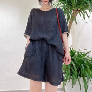 Bộ đồ linen gồm áo T-shirt ngắn tay cổ tròn và quần sooc hai túi - NU8889