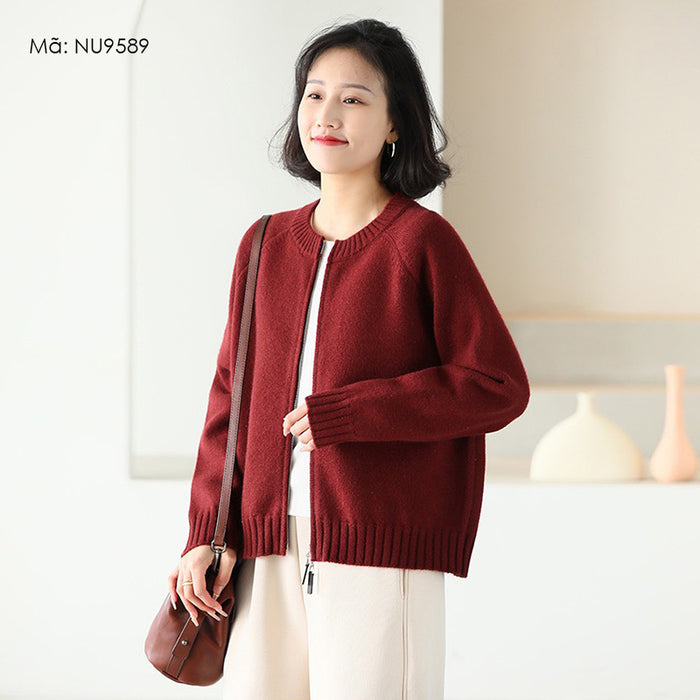 Áo khoác len dệt kim dài tay cổ tròn khóa kéo hai chiều - NU9589