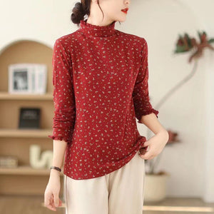 Áo T-shirt dài tay cổ lọ đính ren in hoa liti - NU9592