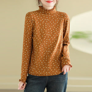 Áo T-shirt dài tay cổ lọ đính ren in hoa liti - NU9592