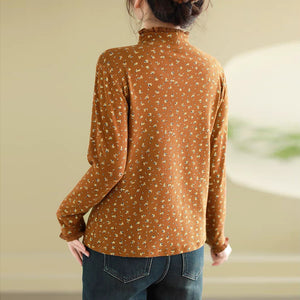 Áo T-shirt dài tay cổ lọ đính ren in hoa liti - NU9592