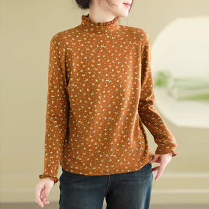 Áo T-shirt dài tay cổ lọ đính ren in hoa liti - NU9592