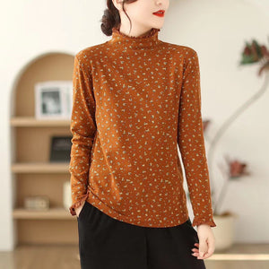 Áo T-shirt dài tay cổ lọ đính ren in hoa liti - NU9592