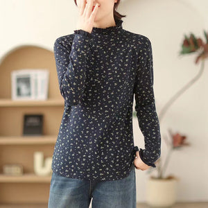 Áo T-shirt dài tay cổ lọ đính ren in hoa liti - NU9592