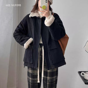 Áo khoác retro dài tay cổ đứng lót lông form dài hai túi vuông - NU9598