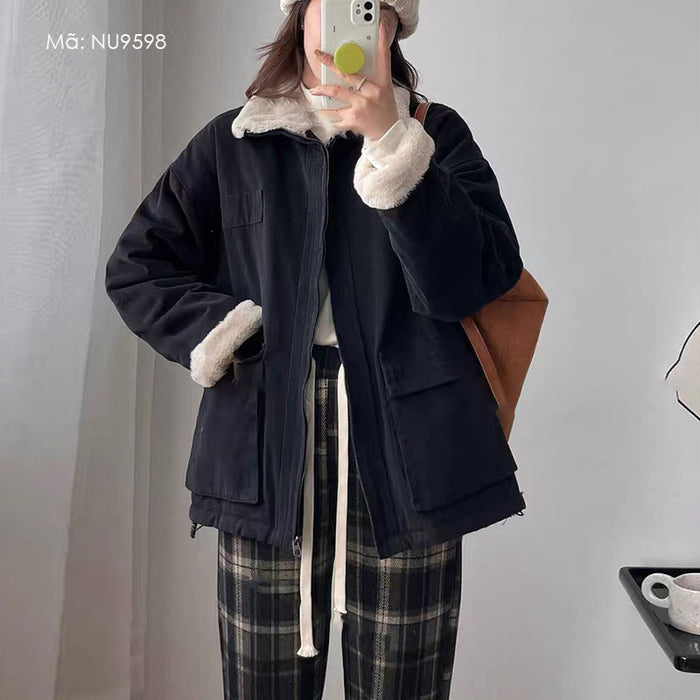Áo khoác retro dài tay cổ đứng lót lông form dài hai túi vuông - NU9598