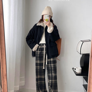 Áo khoác retro dài tay cổ đứng lót lông form dài hai túi vuông - NU9598