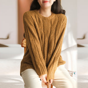 Áo len cashmere dài tay cổ tròn kiểu bện thừng một màu - NU9611