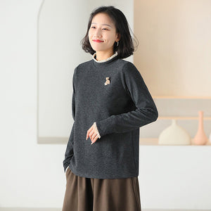 Áo T-shirt dài tay cổ tròn đính ren chú gấu - NU9616