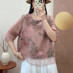 Áo sơ mi linen ngắn tay cổ tàu thêu phong cảnh - NU10131