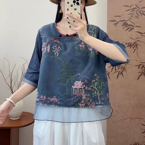 Áo sơ mi linen ngắn tay cổ tàu thêu phong cảnh - NU10131