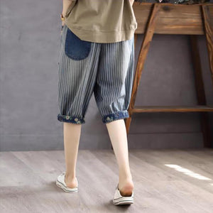 Quần sooc denim lưng thun kẻ sọc in hoa lá - NU10162