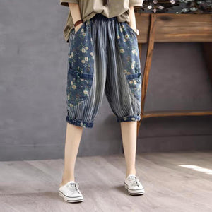 Quần sooc denim lưng thun kẻ sọc in hoa lá - NU10162