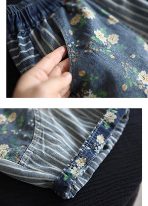 Quần sooc denim lưng thun kẻ sọc in hoa lá - NU10162