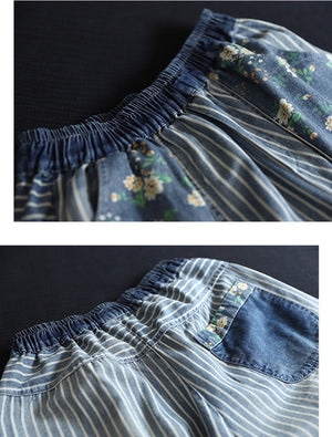 Quần sooc denim lưng thun kẻ sọc in hoa lá - NU10162