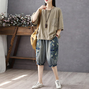 Quần sooc denim lưng thun kẻ sọc in hoa lá - NU10162