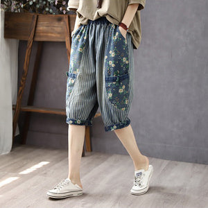 Quần sooc denim lưng thun kẻ sọc in hoa lá - NU10162