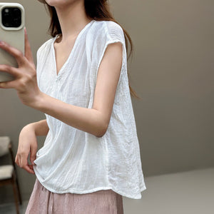 Áo T-shirt linen sát nách cổ V kiểu vạt chéo - NU10293