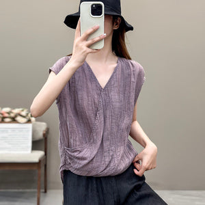 Áo T-shirt linen sát nách cổ V kiểu vạt chéo - NU10293