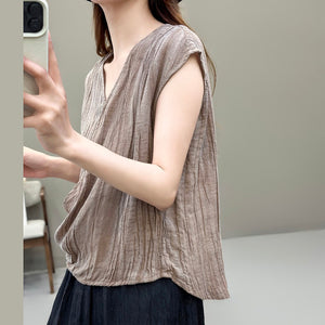 Áo T-shirt linen sát nách cổ V kiểu vạt chéo - NU10293