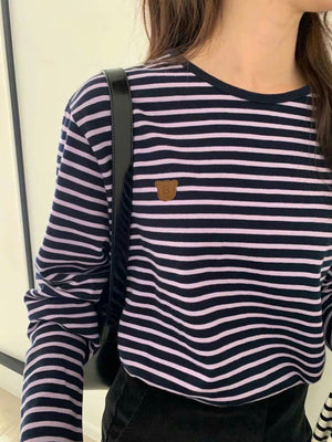 Áo T-shirt dệt kim dài tay kẻ sọc cổ tròn - A170