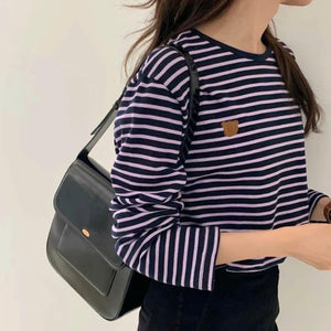 Áo T-shirt dệt kim dài tay kẻ sọc cổ tròn - A170