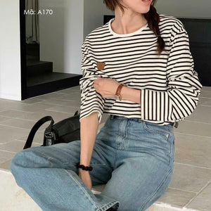Áo T-shirt dệt kim dài tay kẻ sọc cổ tròn - A170