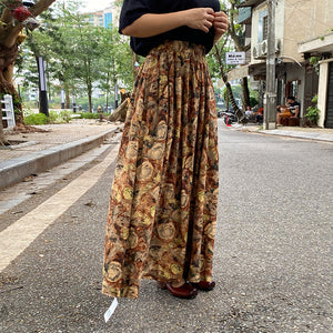 Chân váy lưng thun in hoa văn retro - V054