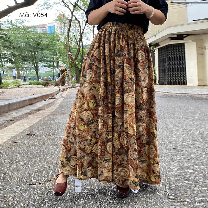 Chân váy lưng thun in hoa văn retro - V054