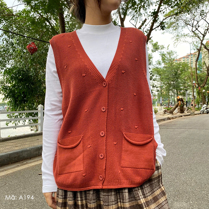 Áo khoác gile len đan chấm bi đồng màu cổ V - A194