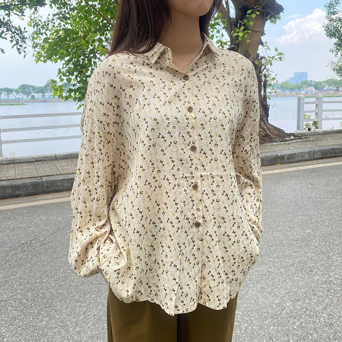 Áo sơ mi dài tay cổ đức in hoa lá retro - A291