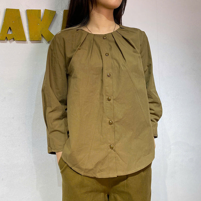 Áo sơ mi dài tay suông cổ tròn xếp ly - A293