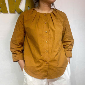 Áo sơ mi dài tay suông cổ tròn xếp ly - A293