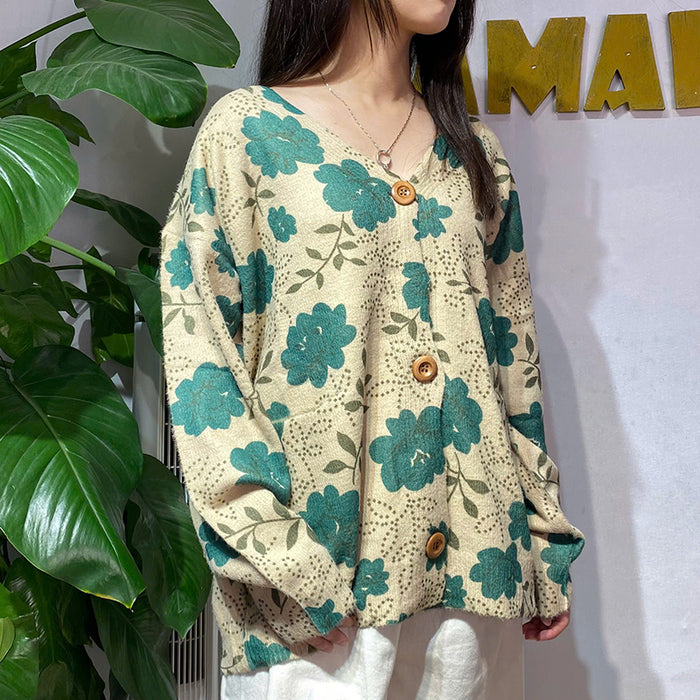 Áo len dài tay cổ tròn in những bông hoa đồng màu - A476