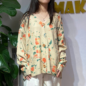 Áo khoác len cashmere dài tay cổ V in trừu tượng hai túi - A477