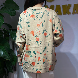 Áo khoác len cashmere dài tay cổ V in trừu tượng hai túi - A477