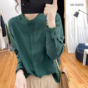 Áo sơ mi dài tay cổ tròn đính ren một màu - NU8101