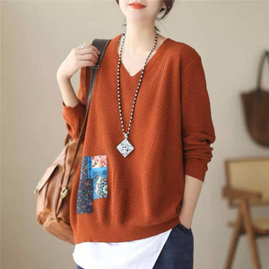 Áo len đan dài tay cổ V và mảng màu - NU7846