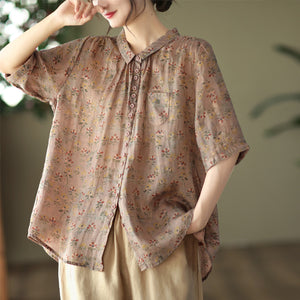 Áo sơ mi linen ngắn tay khuy cài cổ pipi in hoa lá một túi nhỏ - NU6953