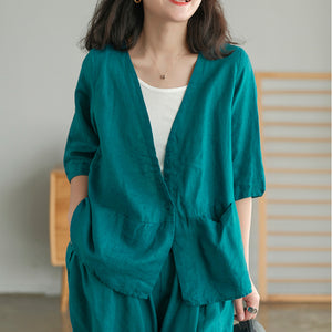 Áo sơ mi linen ngắn tay cổ V form rộng - NU5582